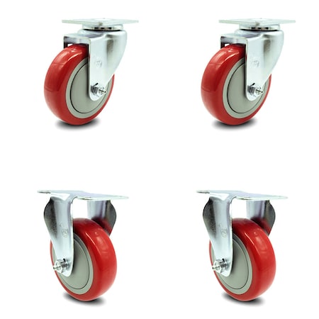 Service Caster 4 Inch Red Polyurethane Wheel Swivel Top Plate Caster Set with 2 Rigid SCC SCC-20S414-PPUB-RED-TP2-2-R-2